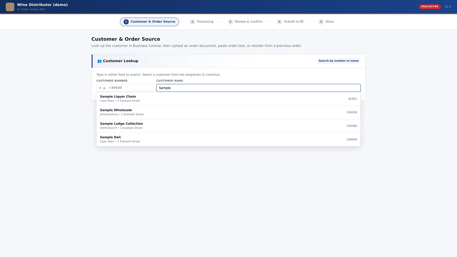 Step one of the order intake tool: a customer search box with matching Business Central accounts listed beneath it.