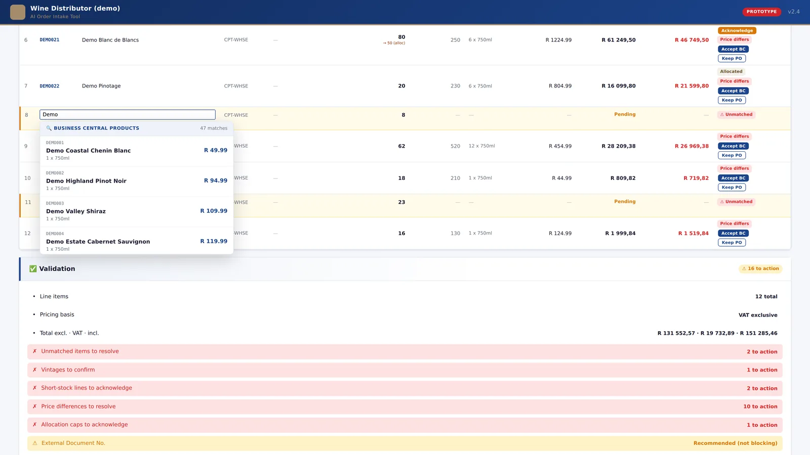 Order review screen with an amber unmatched line open for inline search, listing candidate products from the live catalogue as the user types.