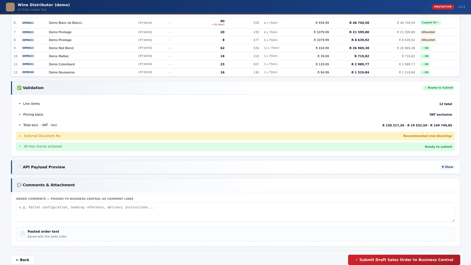 Order review screen after every flag has been resolved: all lines matched and priced, with the Submit to Business Central button now enabled.