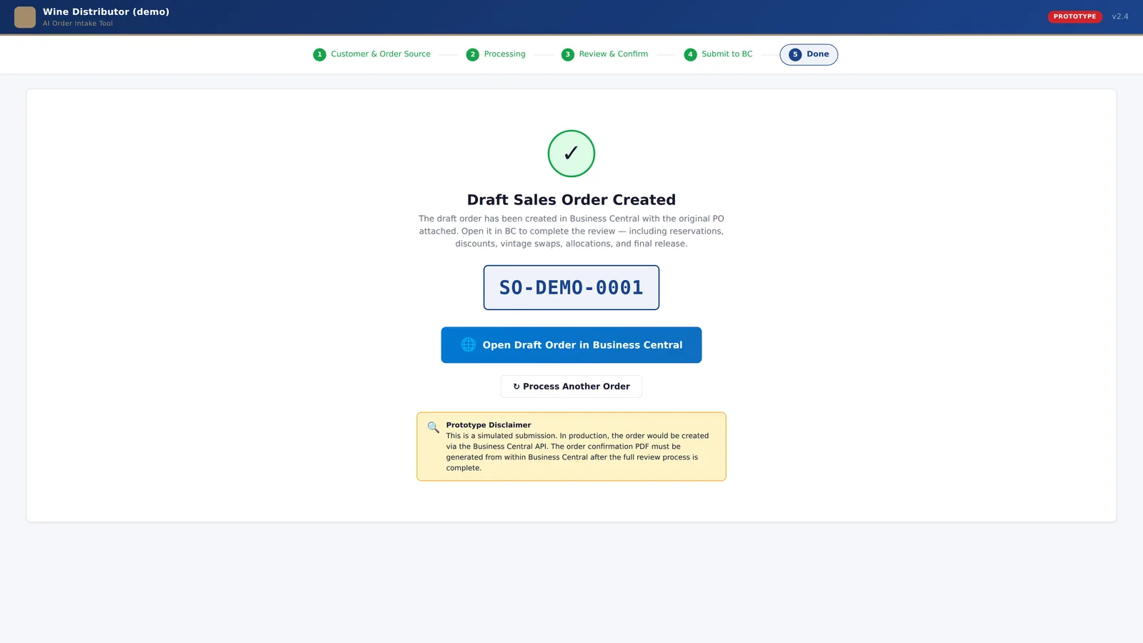 Final confirmation screen: a draft sales order has been created in Business Central with the source purchase order attached.