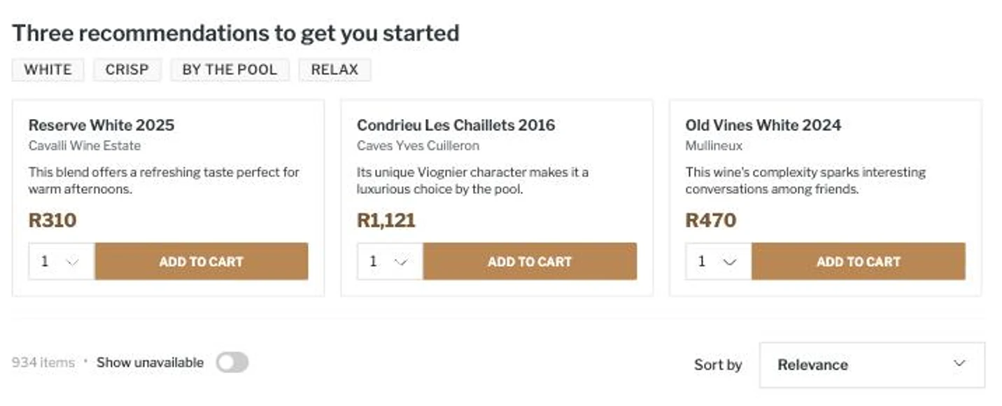 Port2Port search results page opening with three recommendations, the understood intent shown as tags, and each wine card carrying a reason, price and add to cart control.