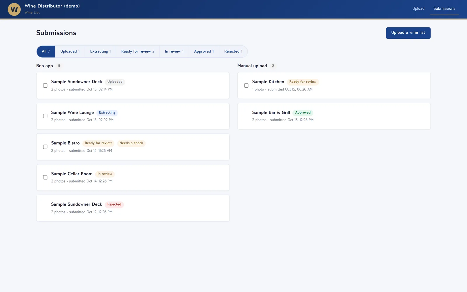 Submissions list: lists from the reps' app and manual uploads in two columns, each with the venue, page count, time and a status such as uploaded, extracting, ready for review, approved or rejected.