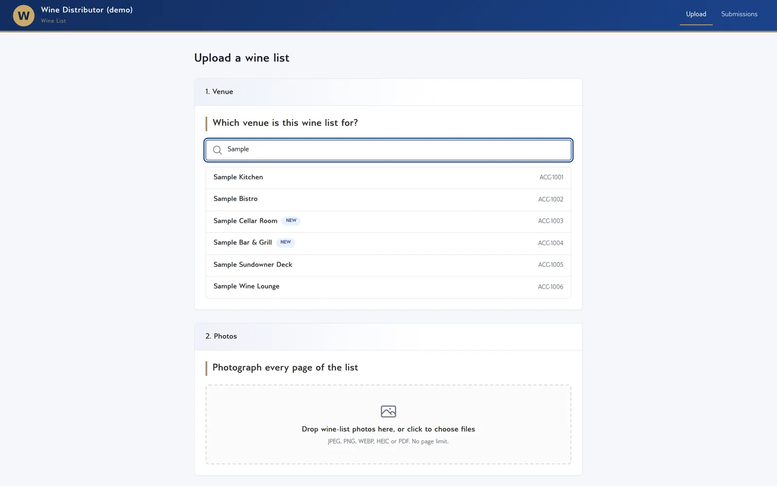 Upload screen: a venue search box with matching venues and their account numbers listed beneath it, above a drop zone for the wine-list photographs.