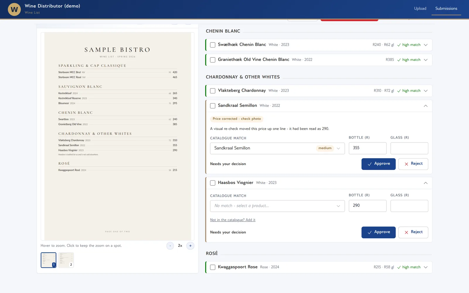 An expanded line marked Price corrected, check photo, explaining that a visual re-check moved the price up one line, with the catalogue match, bottle and glass price and Approve and Reject buttons.