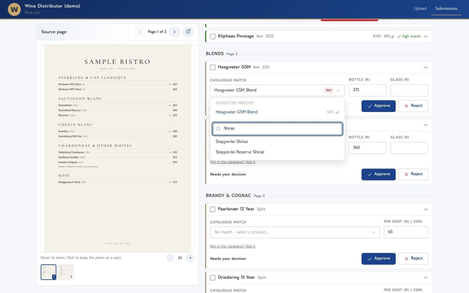 The catalogue match picker open on a low-confidence line: suggested matches with their scores, and a search over the whole catalogue as the reviewer types.