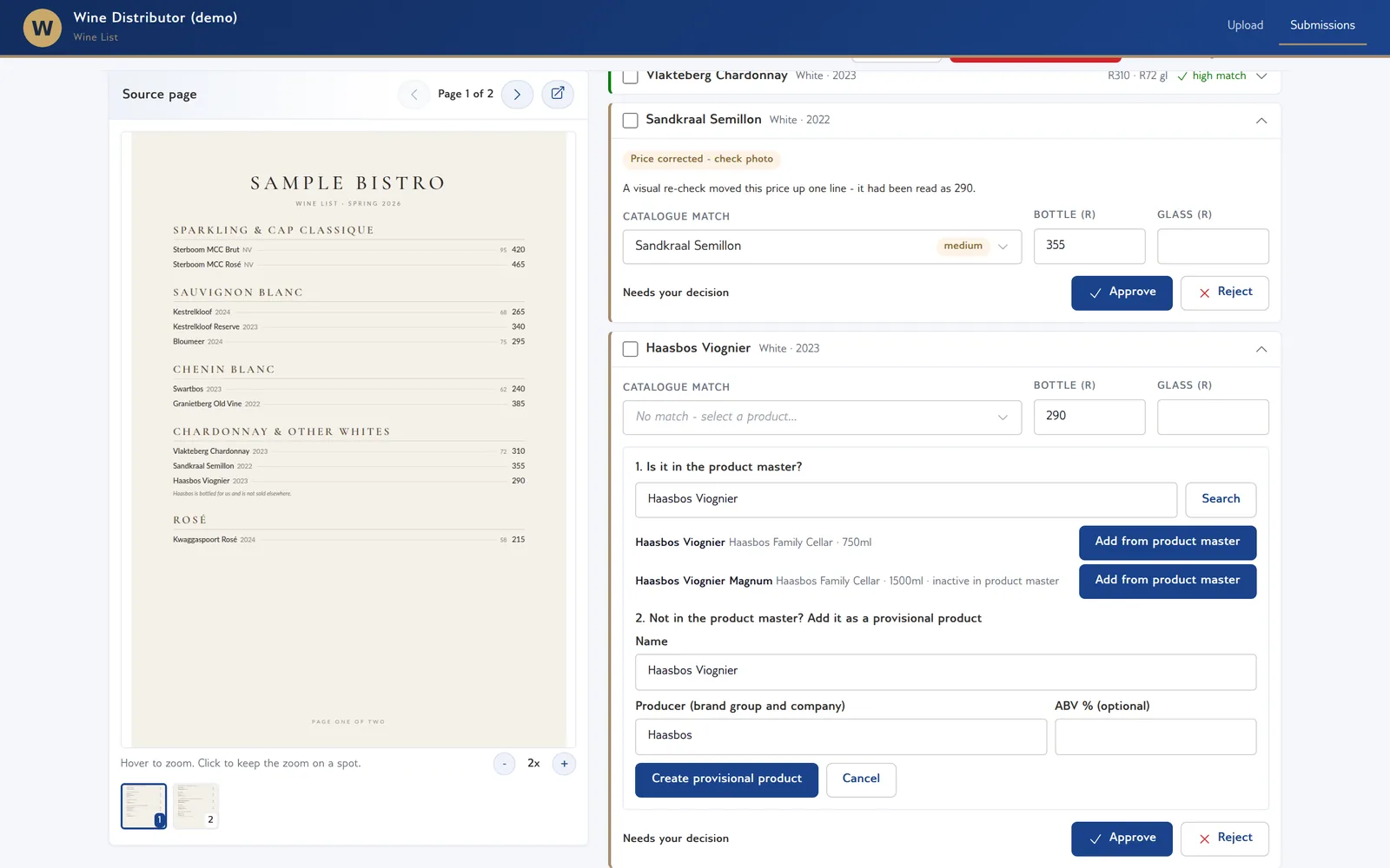 A line with no catalogue match, showing a product master search with two results to add, and a form to create a provisional product with name, producer and alcohol percentage.
