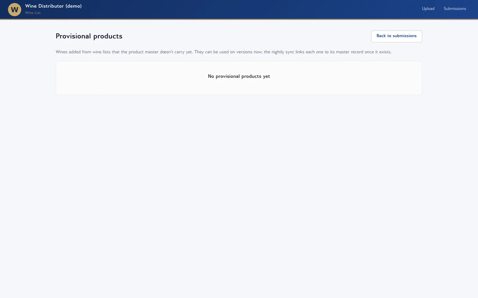 Provisional products screen listing wines added during review that are waiting to be linked to a product master record.